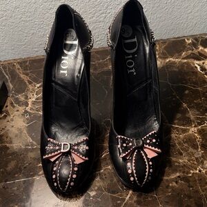 VINTAGE Dior Black Leather Pumps with Pink Bow & Stud Detail